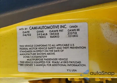 2002 Chevrolet Tracker z USA, uszkodzony, nr VIN 2CNBJ13C926947299